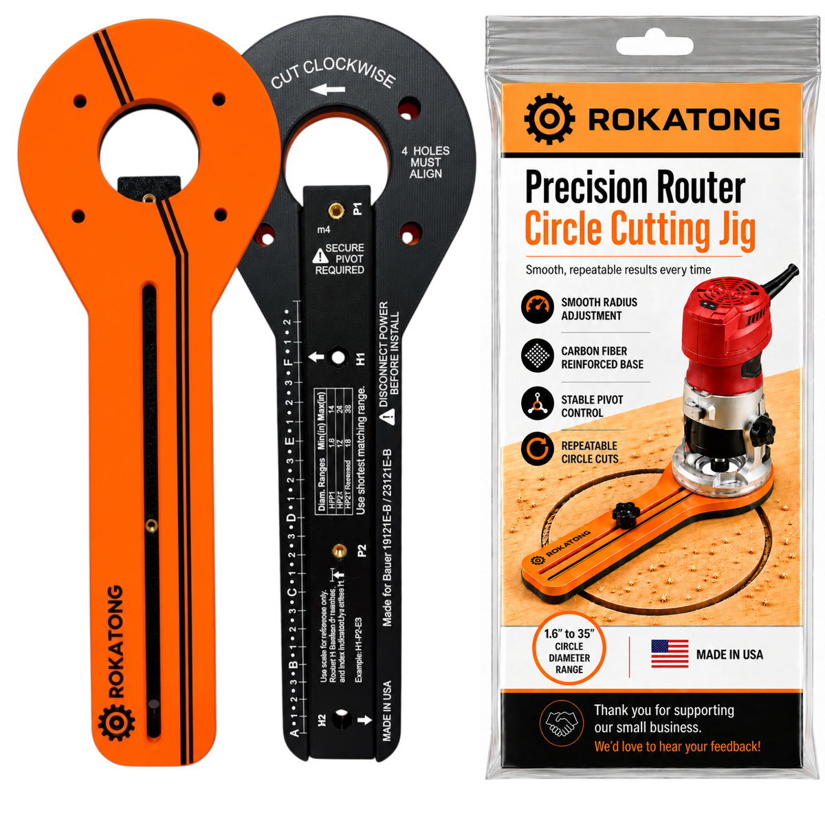 ROKATONG Router Circle Cutting Jig for BAUER 19121E-B 23121E-B, Cuts 1.6–35" Circles, Adjustable Trim Router Radius Guide, Made in USA